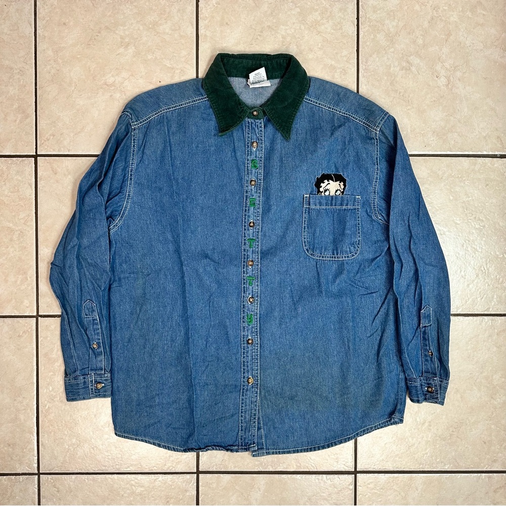 Men’s Small Vintage 2000s Denim Style Embroidered Betty Boop Button Down Shirt